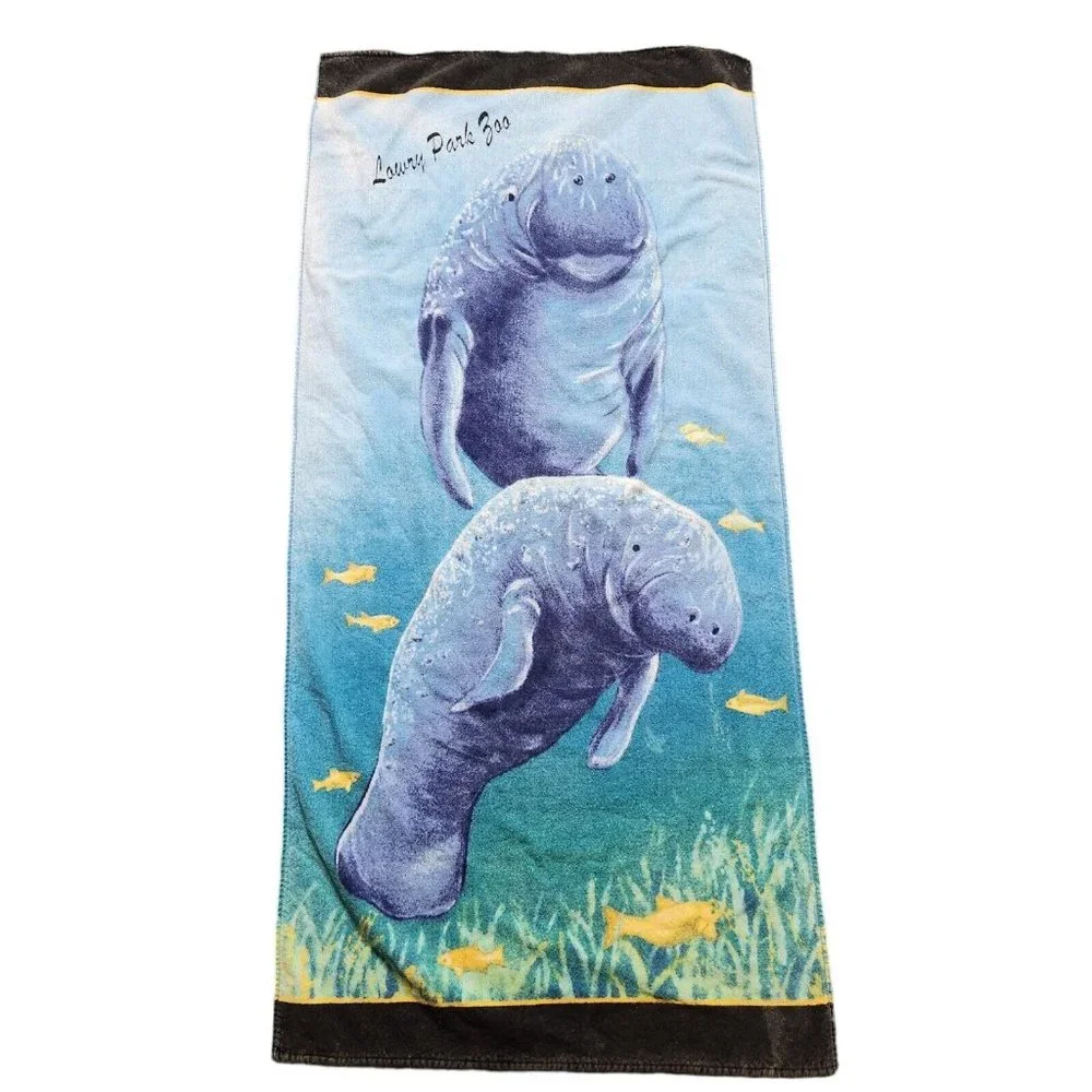 Manatees Zoo Souvenir Vintage Beach Towel Blue Yellow Fish 100% Cotton